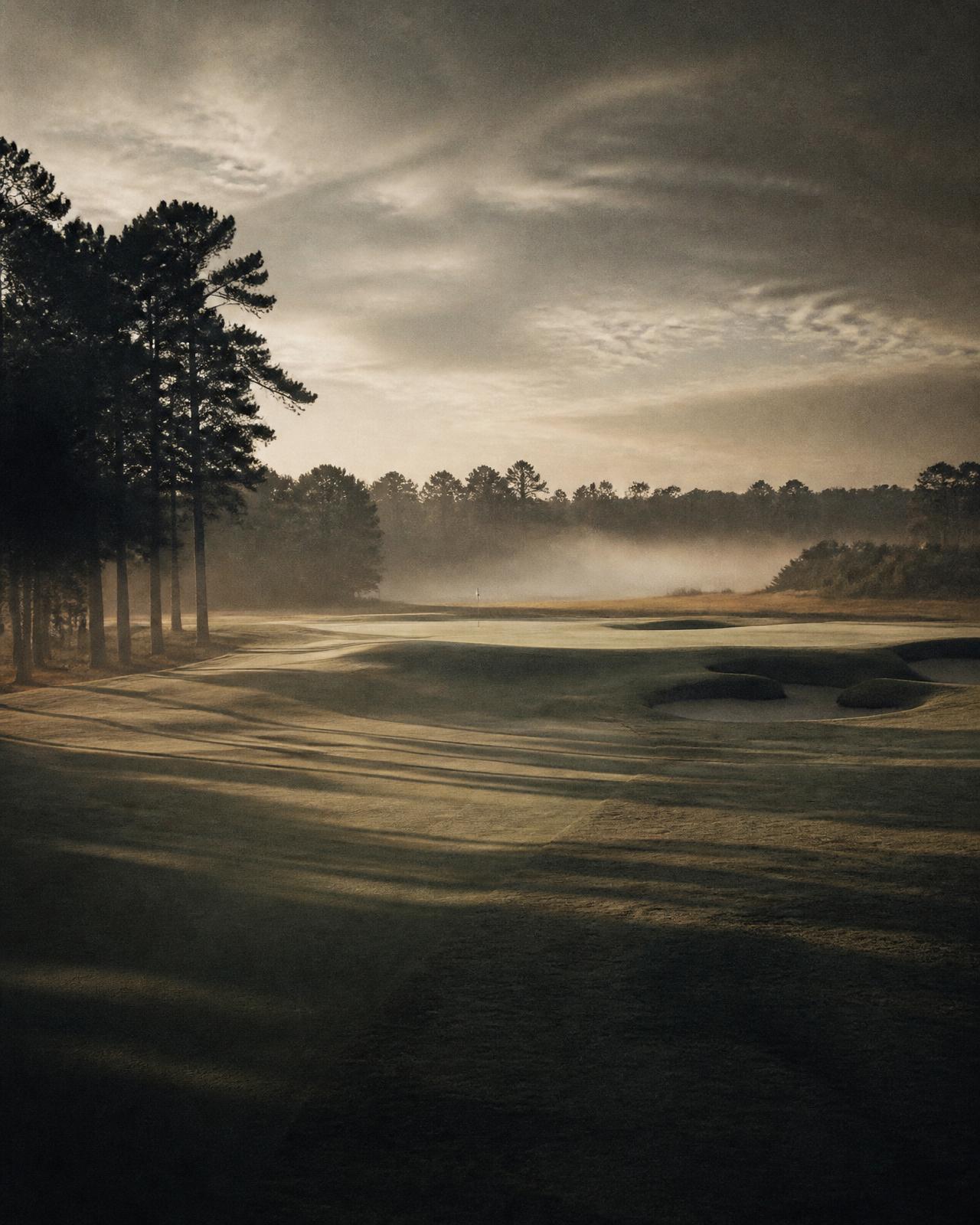 Golf fairway in early morning mist