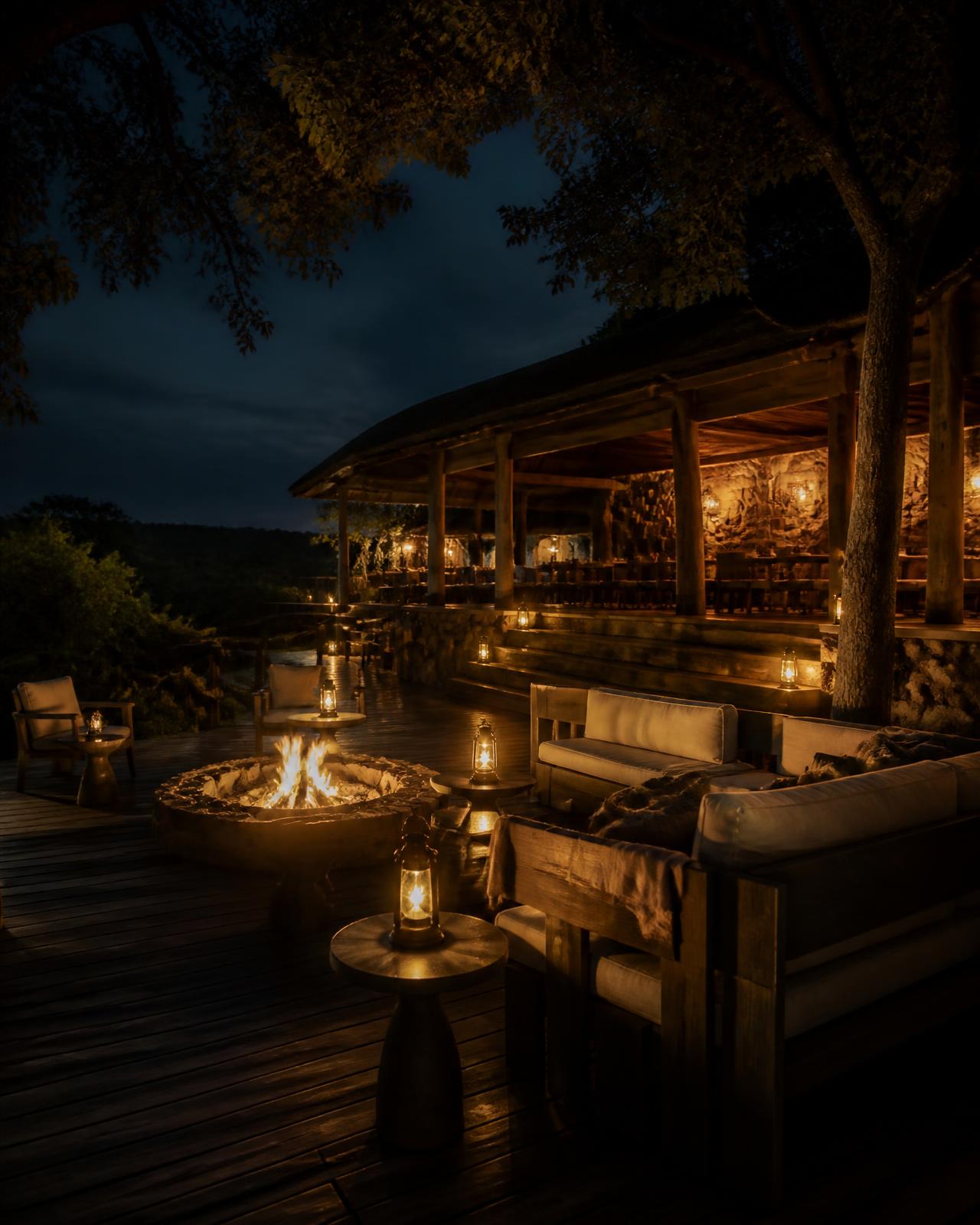 Lodge deck with firelight at night