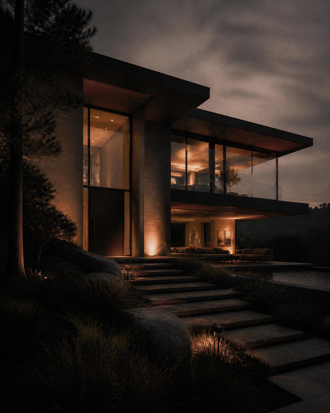 Modern luxury home glowing at dusk